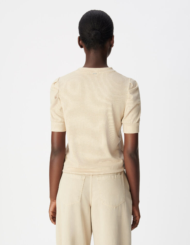 Goldfarbenes Damen-Pailletten-Rundhalsausschnitt-T-Shirt mit gerafften &Auml;rmeln-3