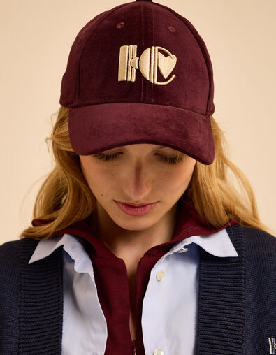 I.Code burgundy velvet cap with embroidered monogram