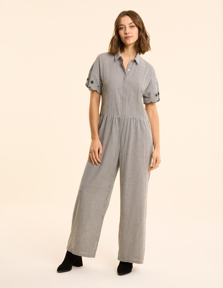 Combinaison-pantalon écrue motif vichy et broderies I.Code-4
