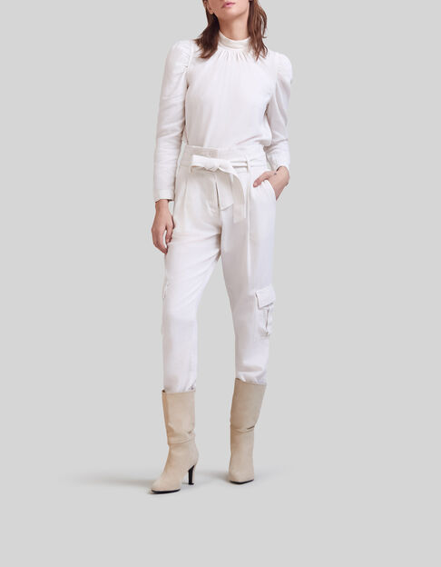 Kalkwei&szlig;e Damen-Cargohose aus Bio-Baumwolle mit G&uuml;rtel - IKKS