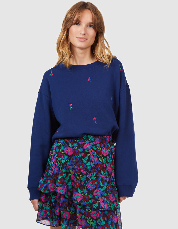 Marineblaues Sweatshirt mit Blumenstickerei I.Code  - I.CODE