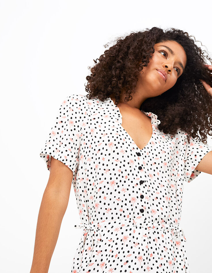 Cremeweißes Kleid, Tupfen- und Palmenprint I.Code-5 Cremeweißes Kleid, Tupfen- und Palmenprint I.Code-5