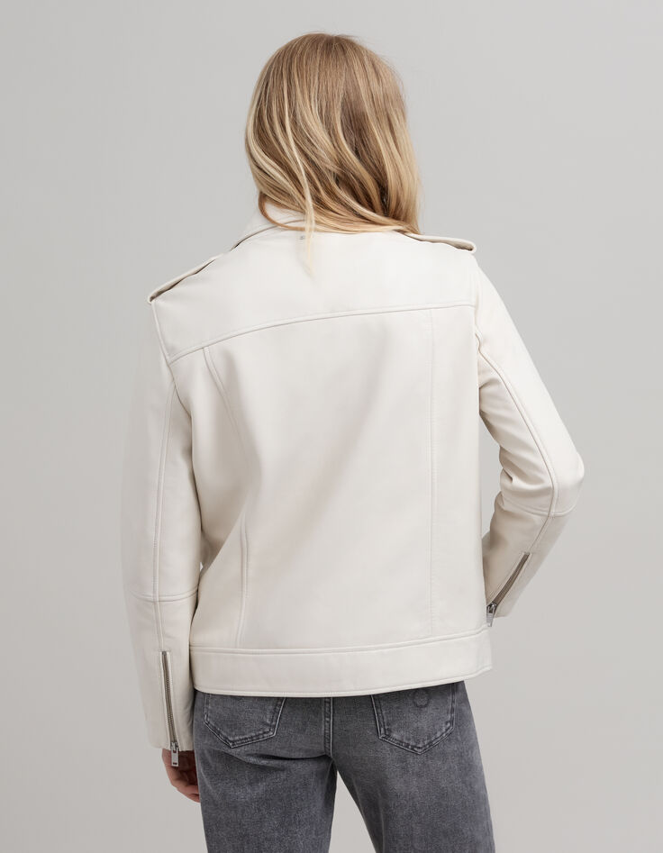 -Bikerjacke aus Leder mit Rei&szlig;verschlusstaschen in Ecru-4