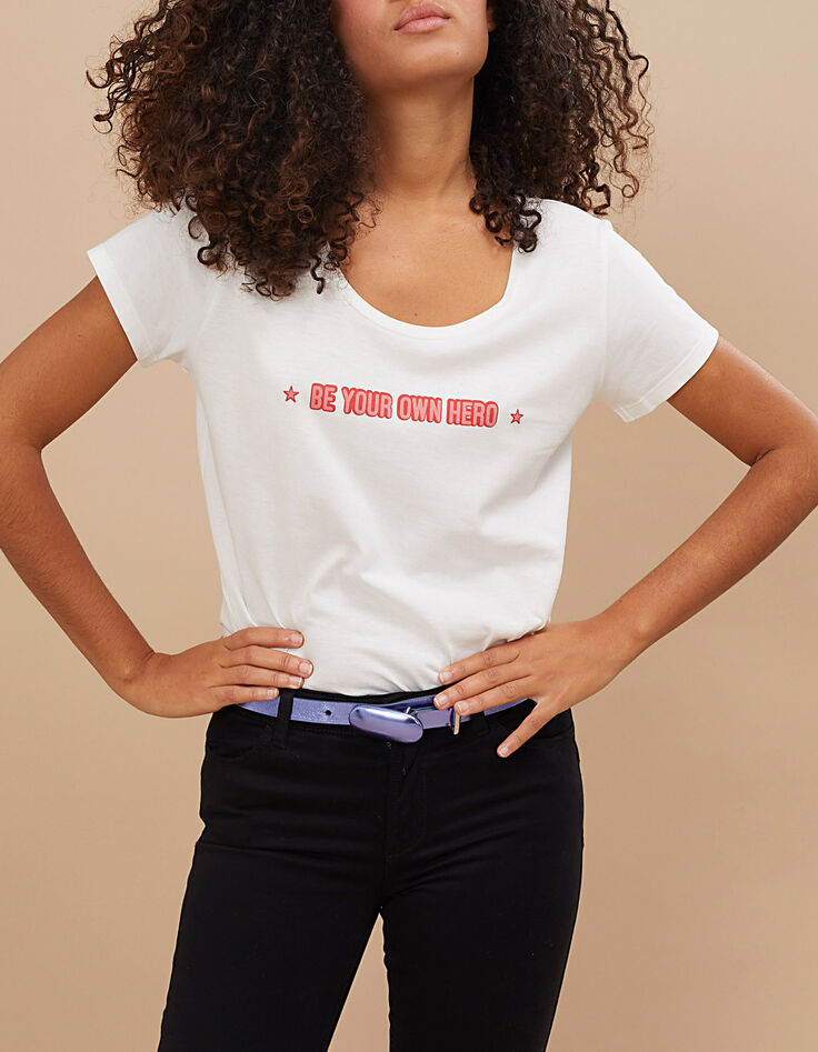 I.Code off-white T-shirt with pink slogan-1