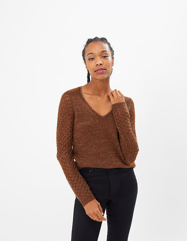 Pullover in Cognac, Mohairmischgarn und Ajour-Ärmel I.Code-2