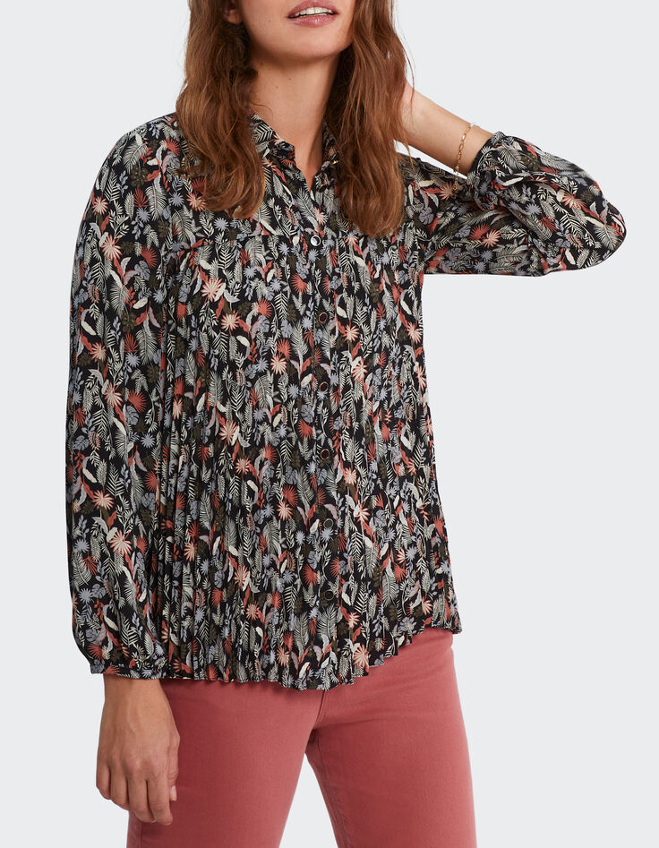Zwarte hemdblouse plissé met plantenprint I.Code-4