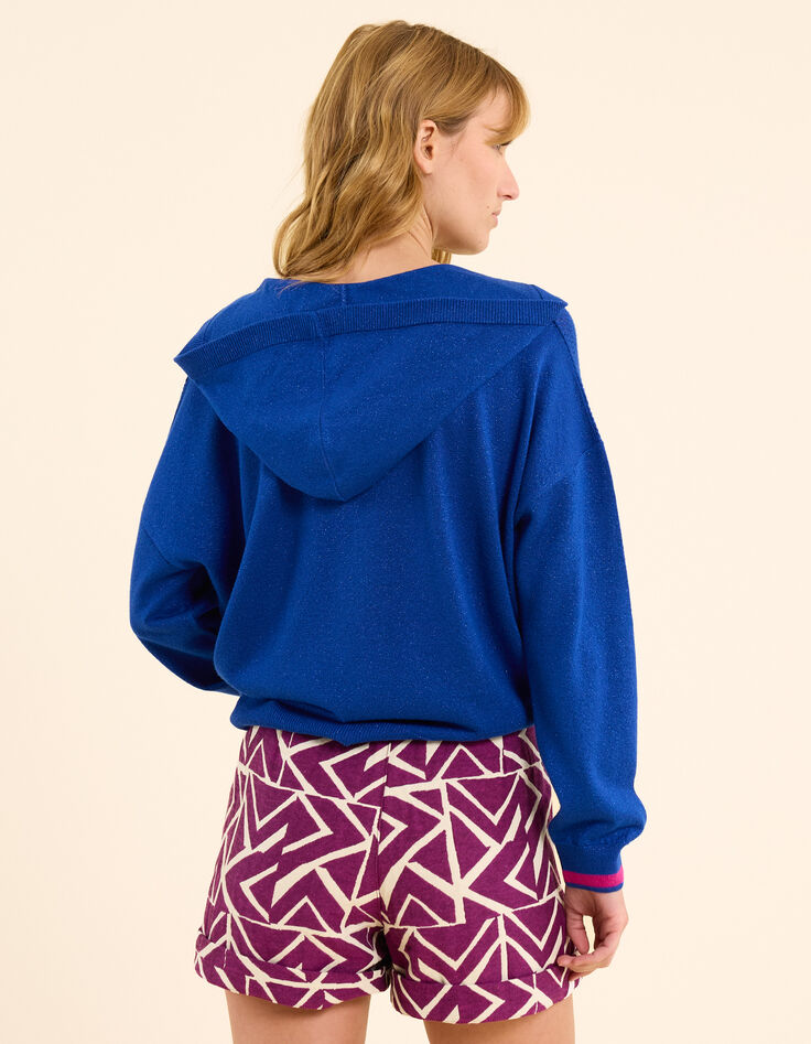 Cardigan zippé à capuche bleu tricot lurex I.Code-4