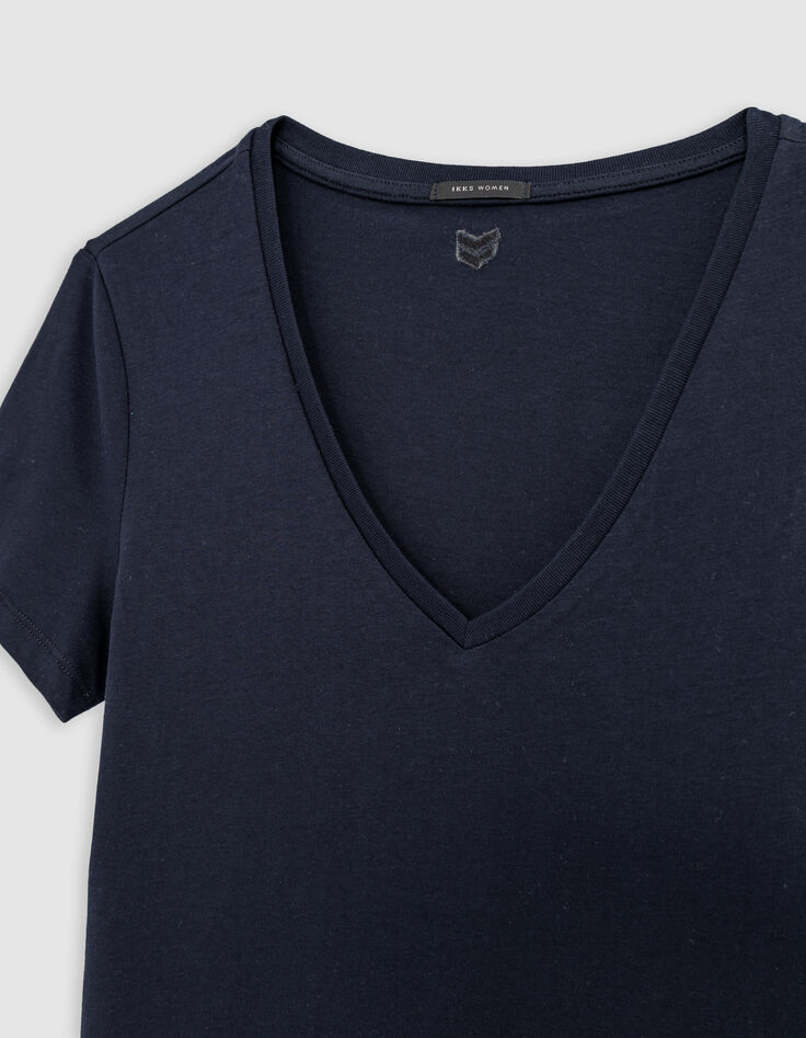 Marine T-Shirt Damen V-Ausschnitt mit Fischgr&auml;ten-Stickerei-5