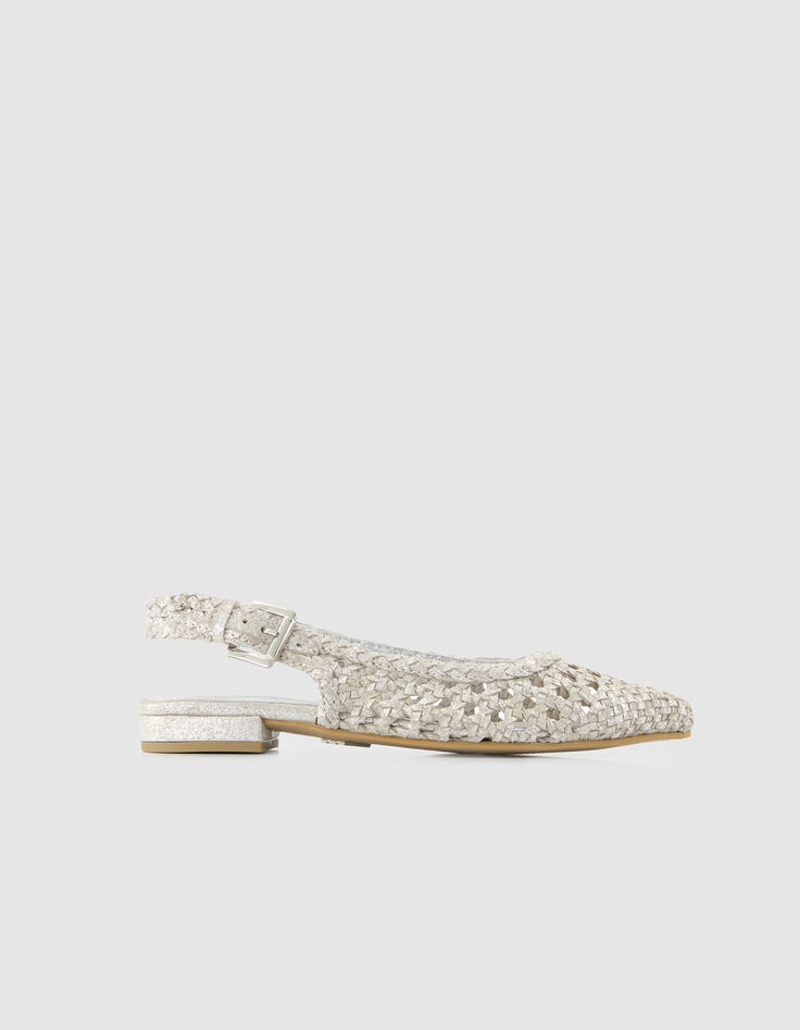 Silberne Slingback Ballerinas Damen aus Leder geflochten-1