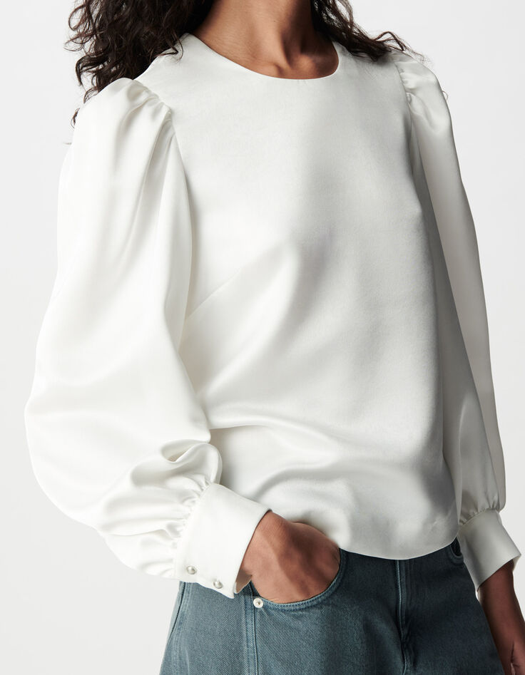 Wei&szlig;e Satin Bluse mit V-Ausschnitt f&uuml;r Damen-5