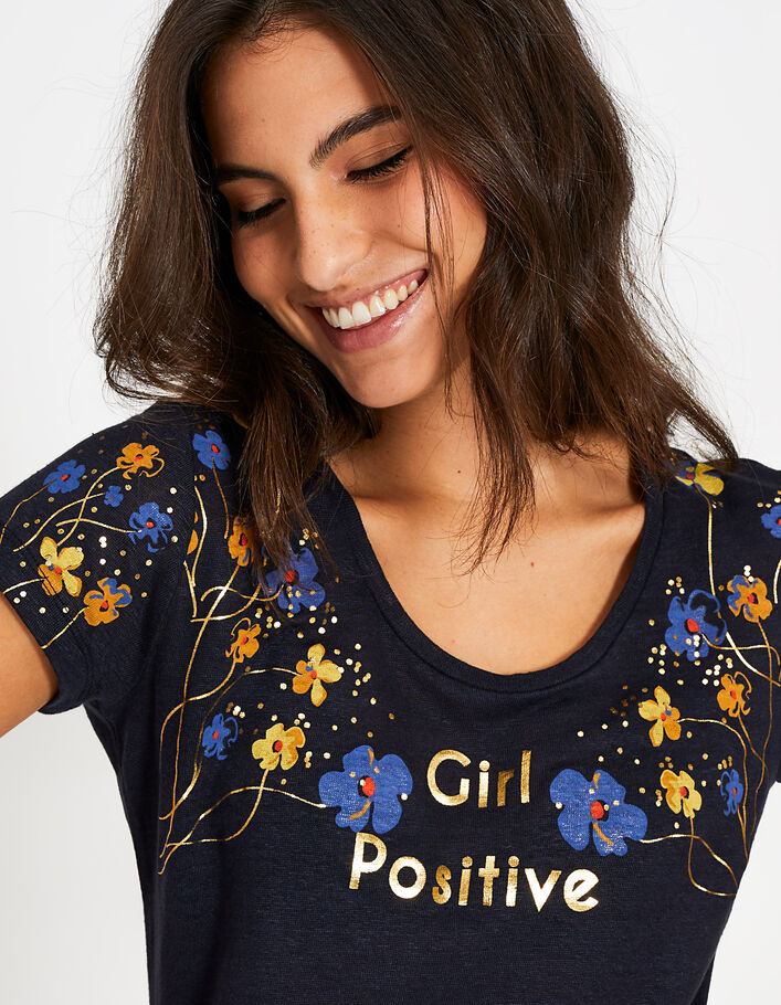 I.Code navy Girl Positive linen T-shirt - I.CODE