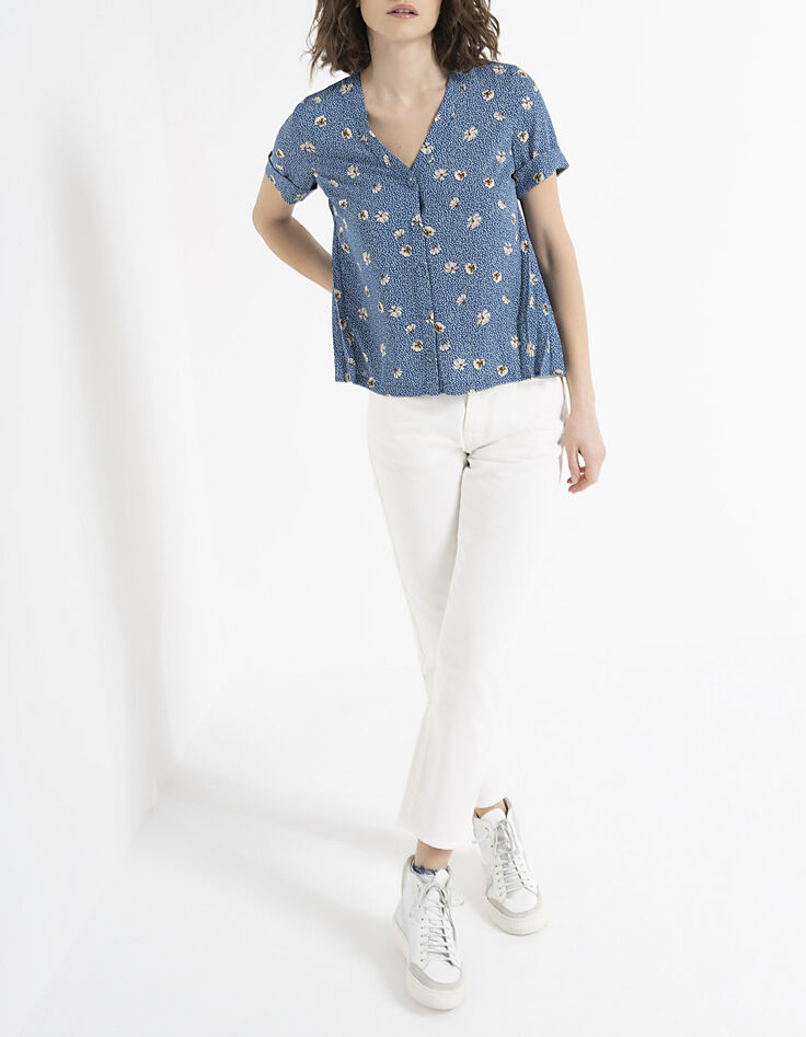 Top bleu imprimé fleurs et pois plissé dos I.Code-4 Top bleu imprimé fleurs et pois plissé dos I.Code-4