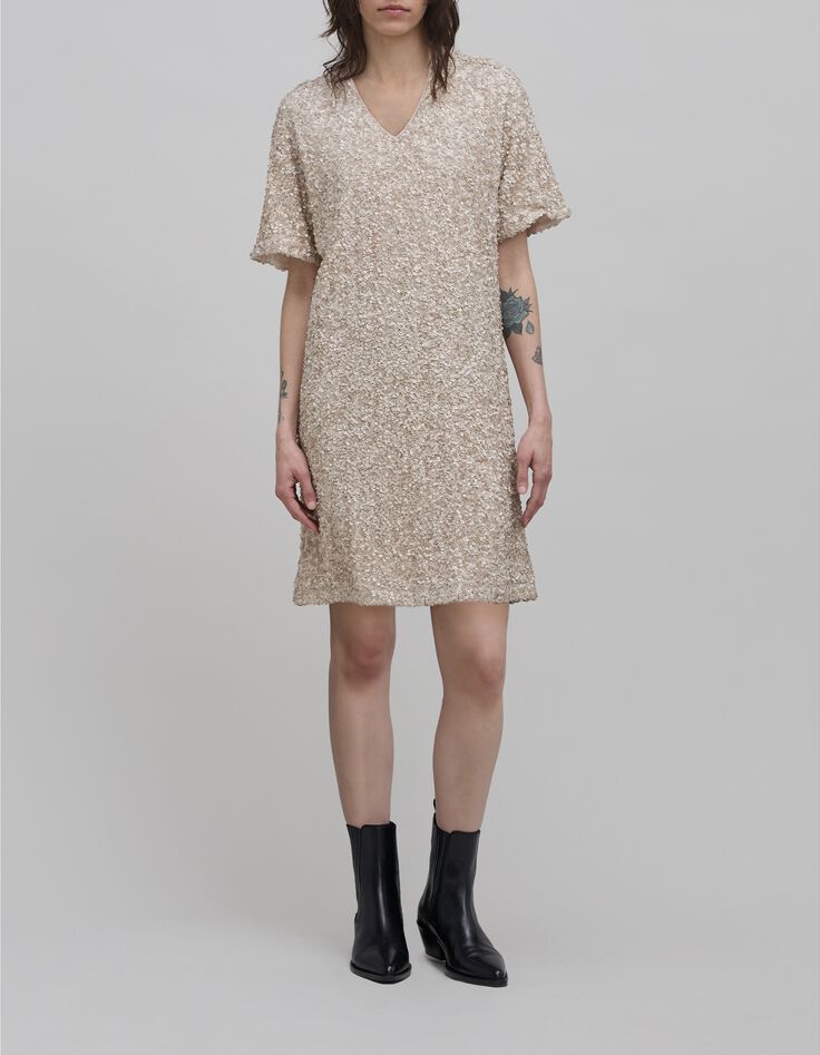 Champagnerfarbenes Kleid mit Paillettenbestickung Damen-1