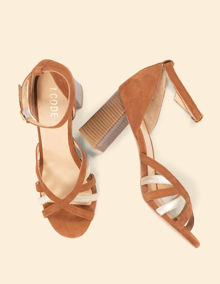 Sandales à talon camel et doré cuir velours I.Code-5