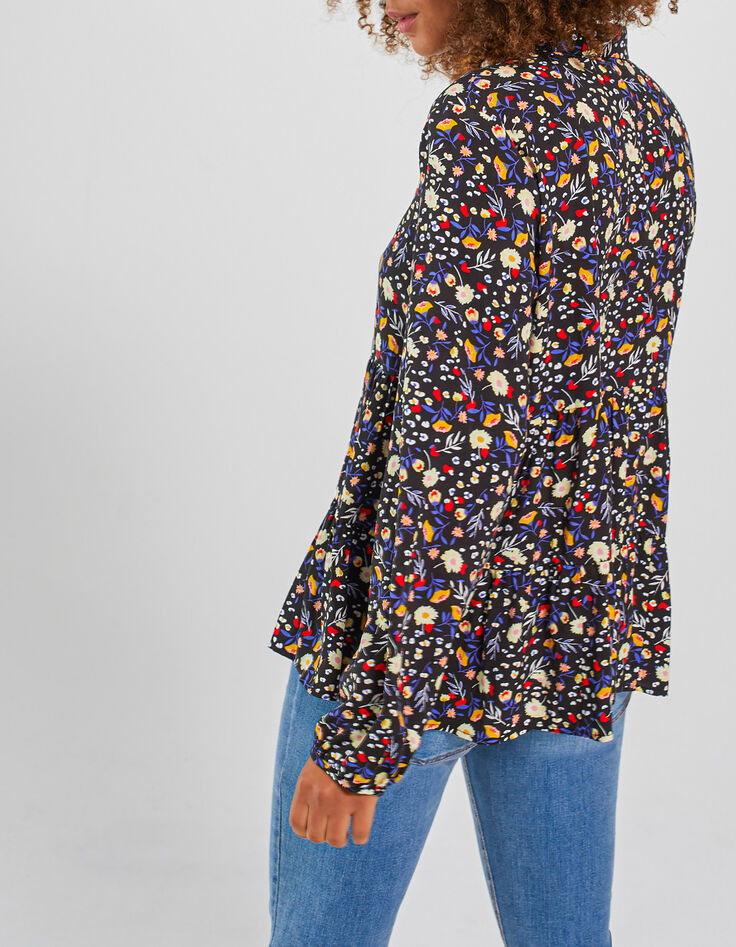 I.Code black shirt with colour floral leopard print-2