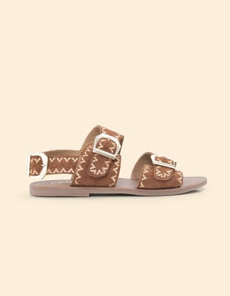 Sandales plates camel cuir velours brodé I.Code