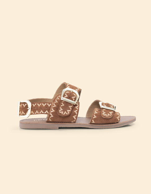 Sandales plates camel cuir velours brodé I.Code