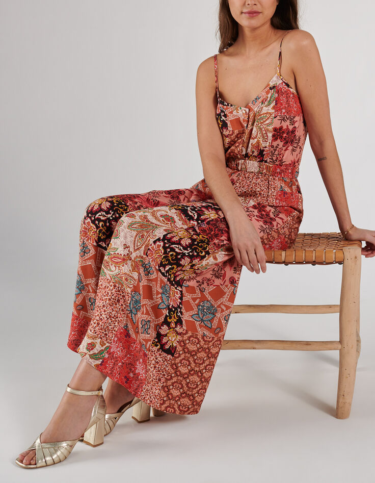 Pantalon large rose thé imprimé patchwork floral I.Code-1