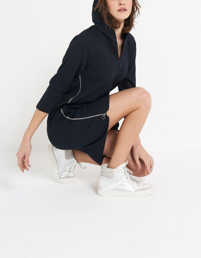 Marine tricot jurk met kap en ritsen opzij I.Code