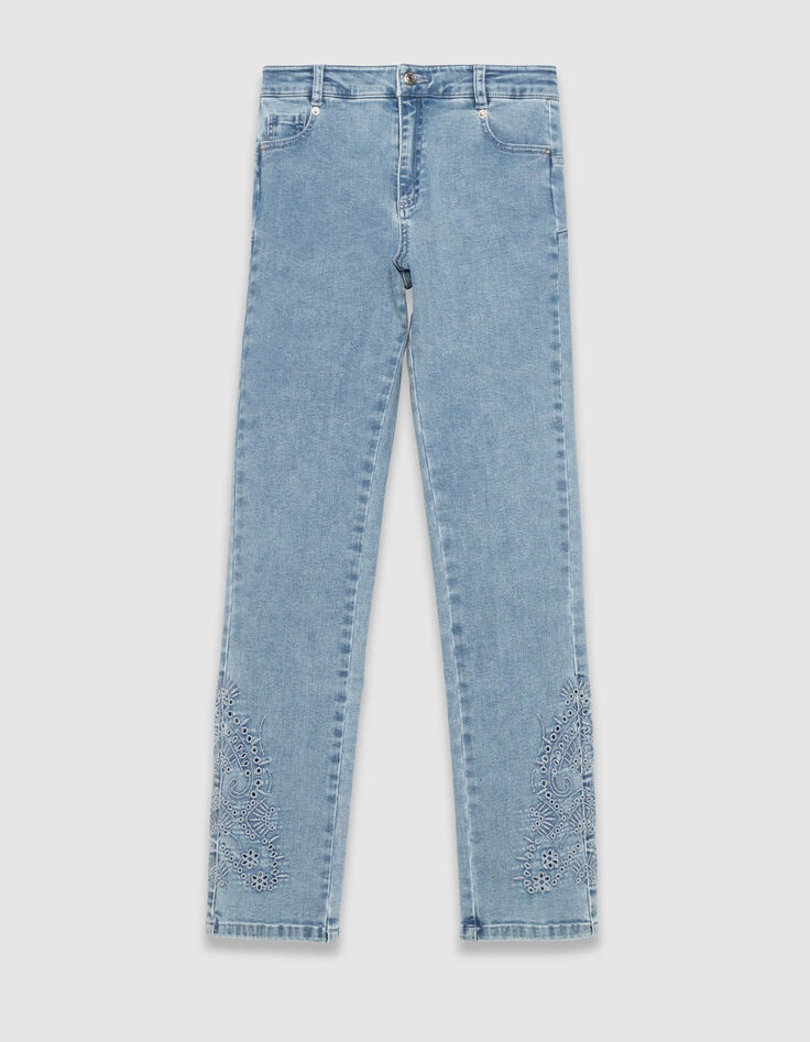Blaue Slim-Damenjeans hoher Bund 7/8.-Dekor Stick-6