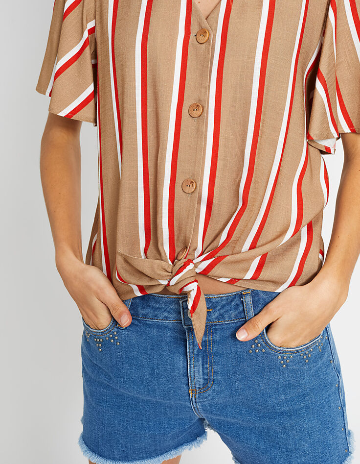 Top sable à rayures blanches et pavot I.Code-2 Top sable à rayures blanches et pavot I.Code-2