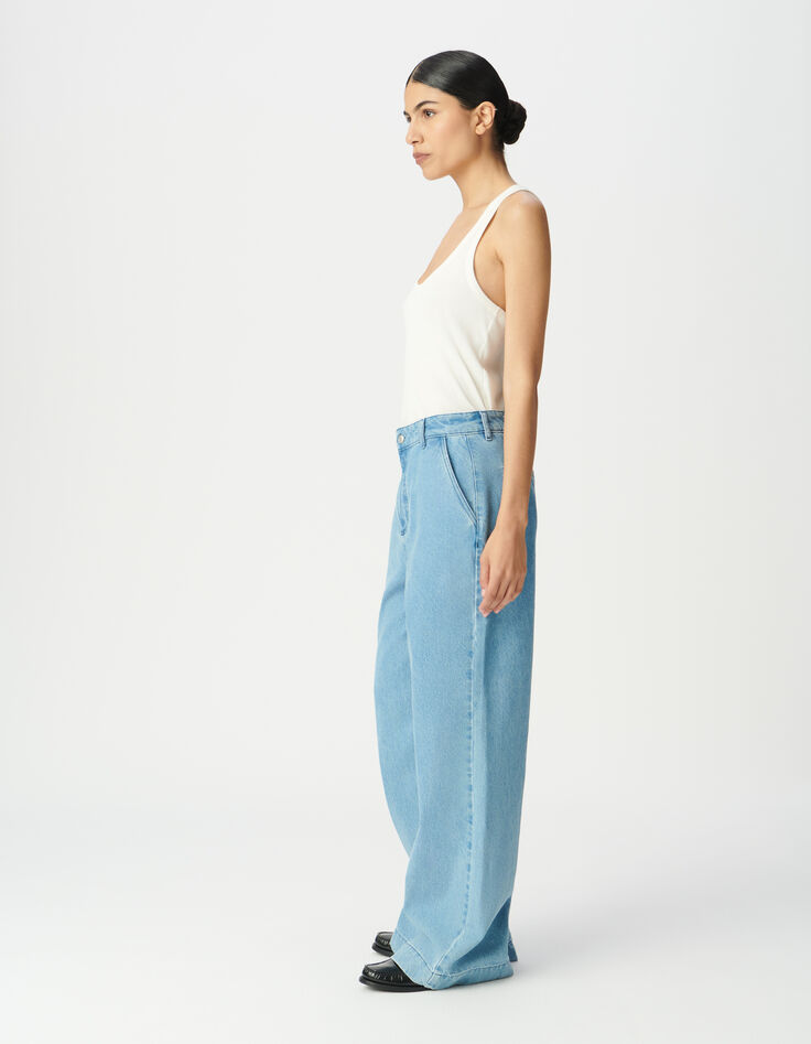 Blaue weite Damenjeans hoher Bund-2