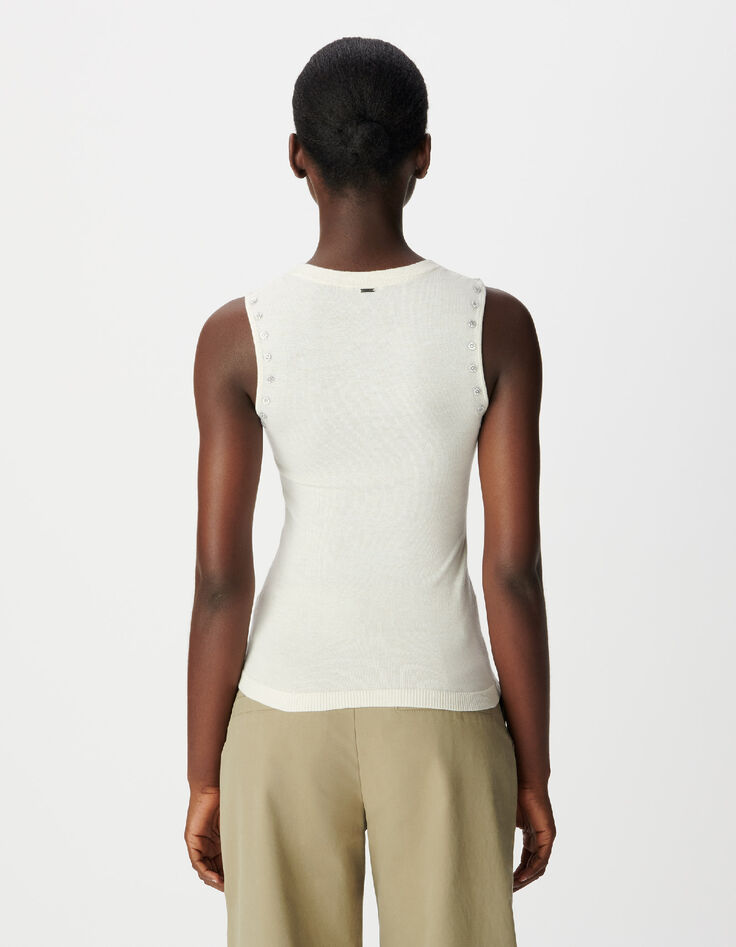 &Auml;rmelloser ecrufarbener Strickpullover f&uuml;r Damen mit Strasskn&ouml;pfen-3