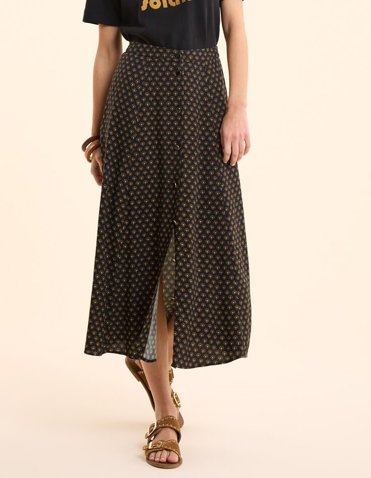 Jupe midi noire imprimé floral cœur I.Code-3