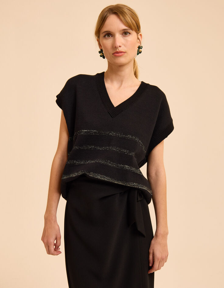 Schwarzer ärmelloser Strickpulli Lurexstreifen I.Code-3