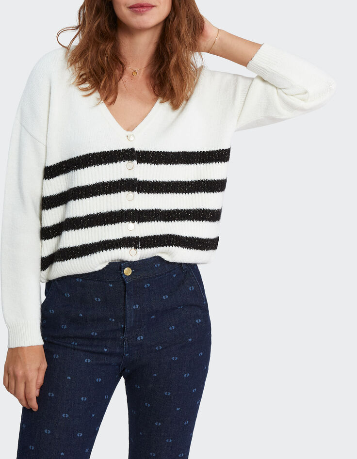 Cardigan blanc tricot à rayures noires I.Code-4