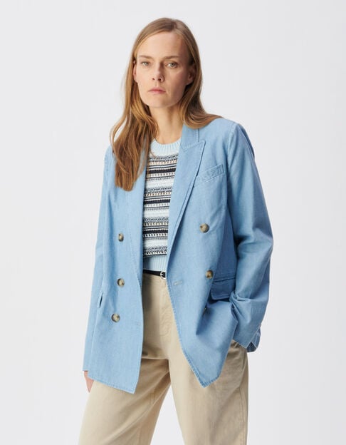 Women's blue chambray double-breasted suit jacket - IKKS