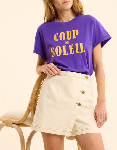 Jupe-short en jean &eacute;cru surpiq&ucirc;res ocre I.Code