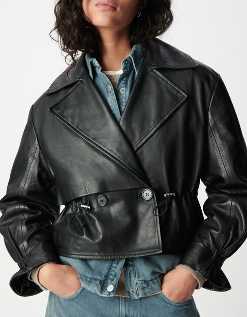 Veste oversize noire cuir coulisse taille Femme - IKKS