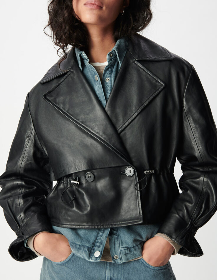Veste oversize noire cuir coulisse taille Femme-5