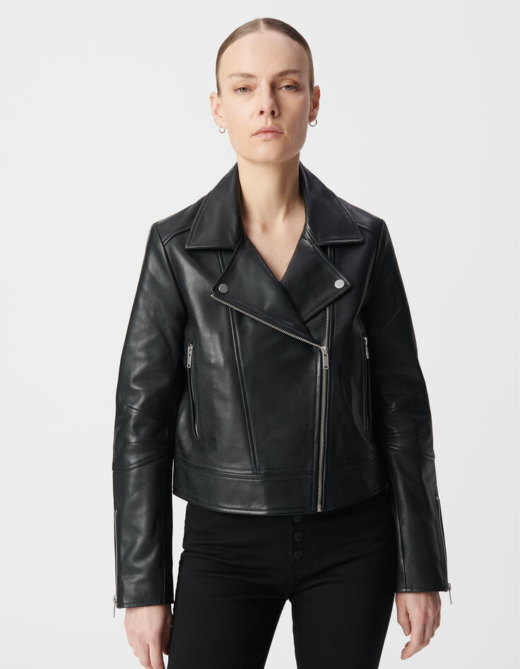 Schwarze Bikerjacke aus Leder f&uuml;r Damen-4