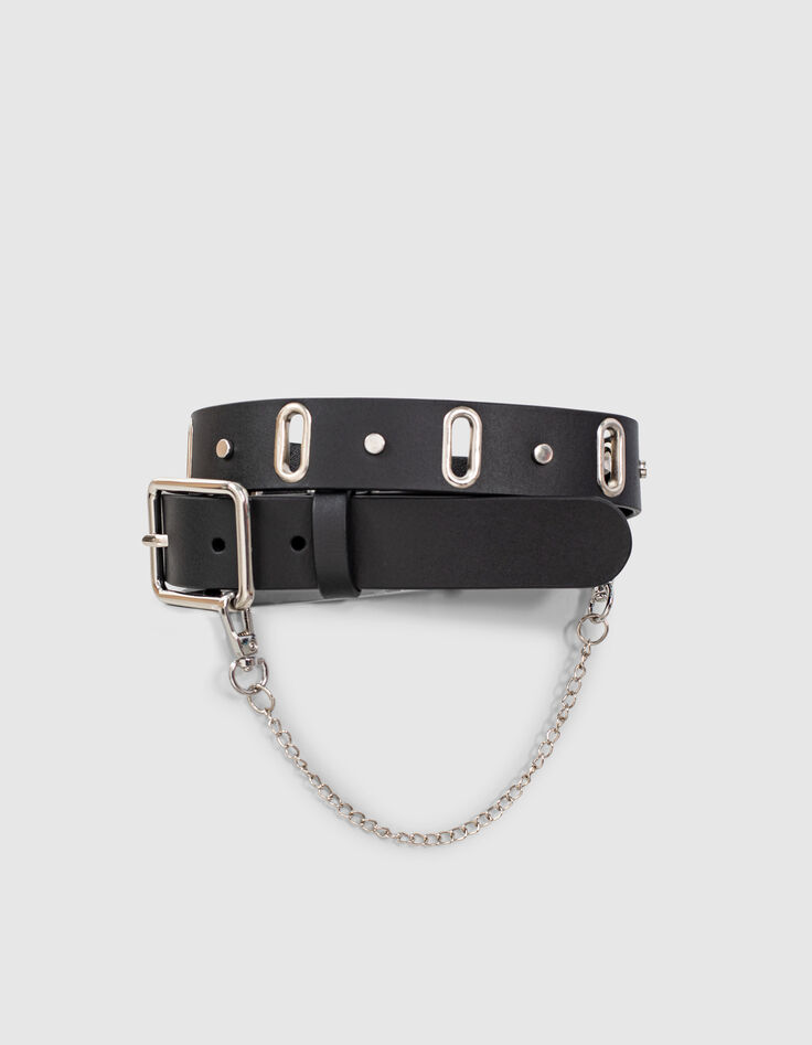 I.Code black leather belt with small chain-1