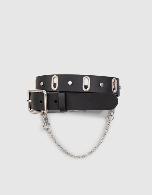 I.Code black leather belt with small chain