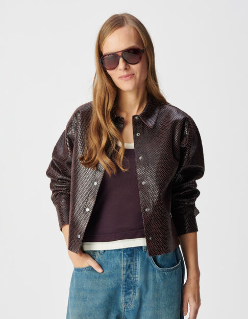 Chaqueta camisera de piel efecto pit&oacute;n burdeos para mujer - IKKS
