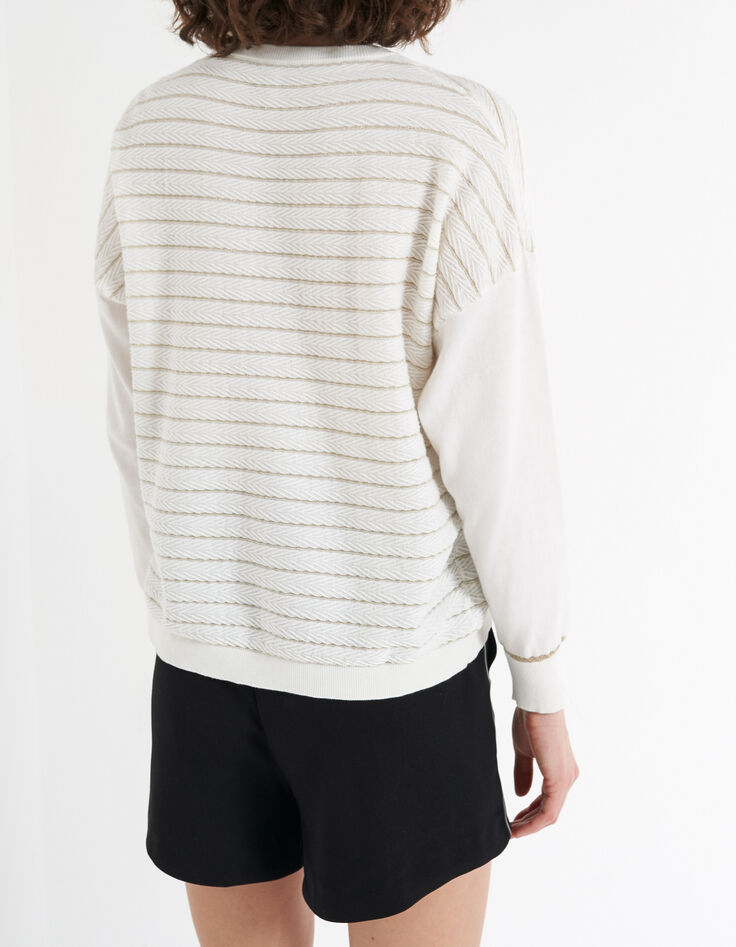 I.Code off-white textured knit sweater with gold stripes-2