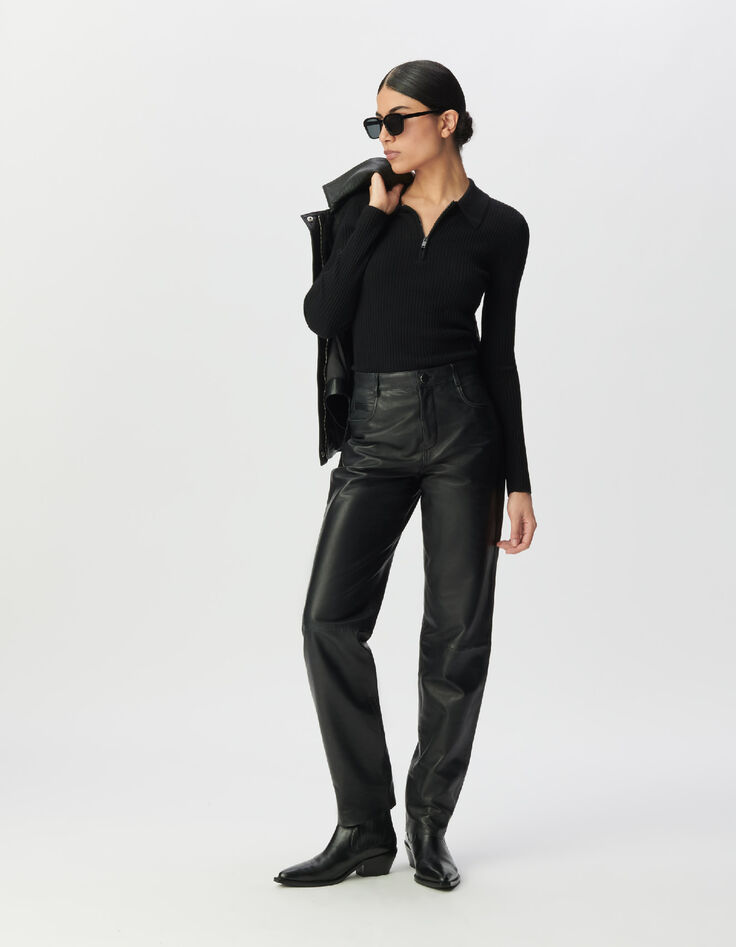 Schwarze Damen-Lederhose Jeansschnitt-1