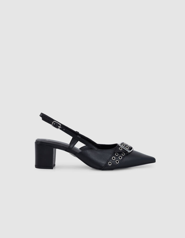 Damen schwarz Leder &Ouml;se Slingback Pumps-1