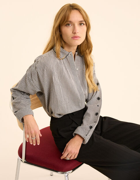 Chemise écrue motif vichy manches brodées fleurs I.Code