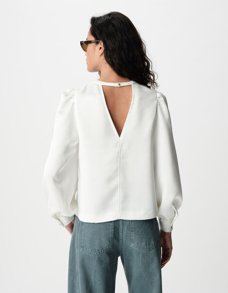 Wei&szlig;e Satin Bluse mit V-Ausschnitt f&uuml;r Damen-3
