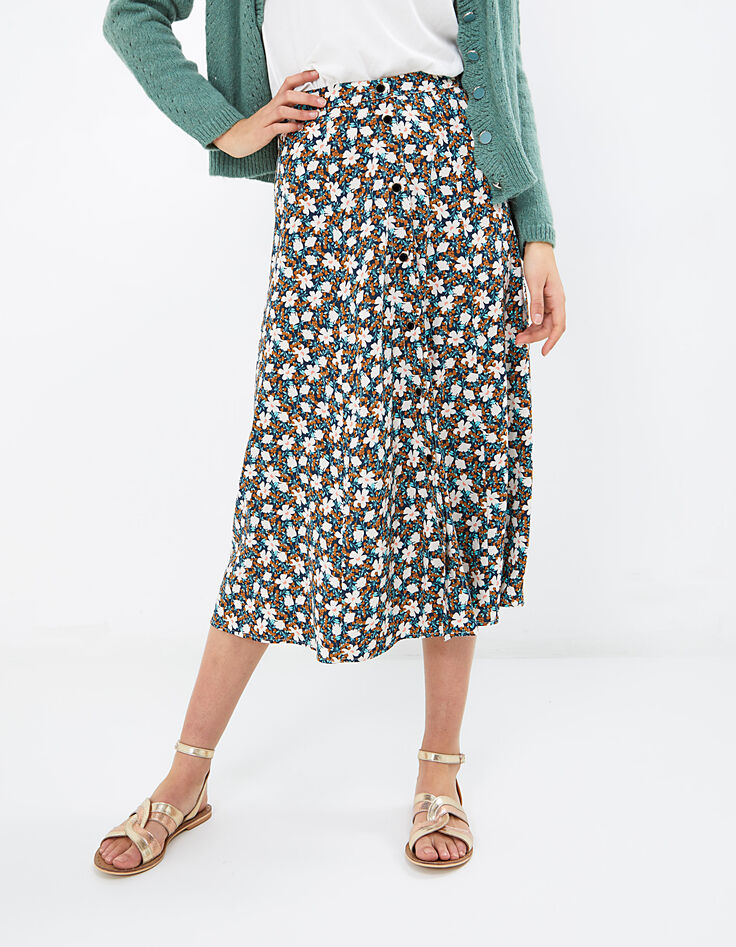 Blauwe midi-rok witte bloemenprint dames-2