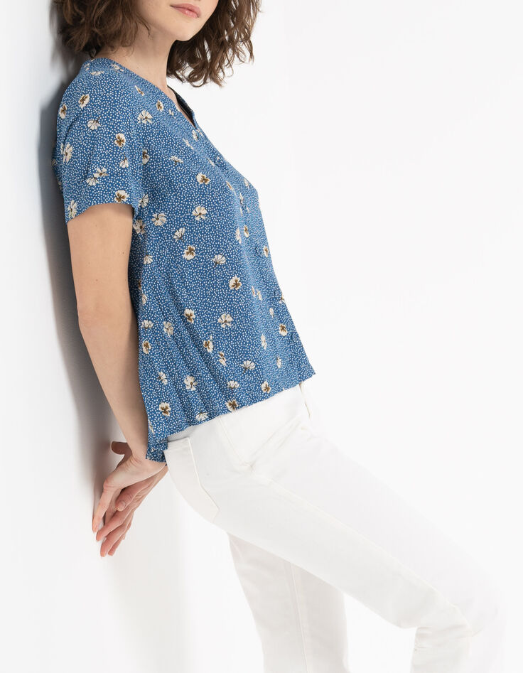 Top bleu imprimé fleurs et pois plissé dos I.Code-1