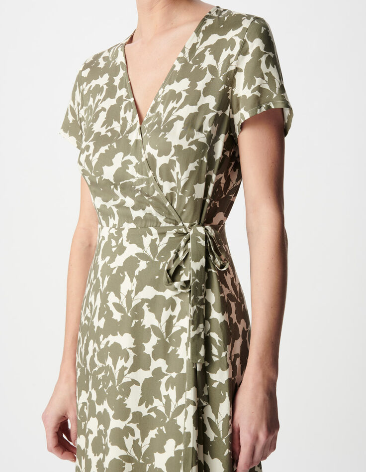 Khakifarbenes Sommerkleid im Wickel forme mit Pflanzenmuster f&uuml;r Damen-5
