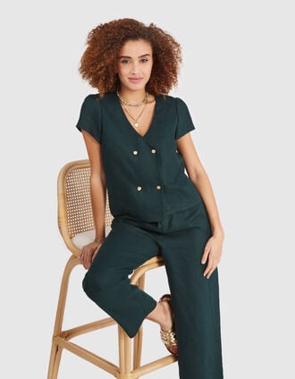 I.Code imperial green linen buttoned wrap top