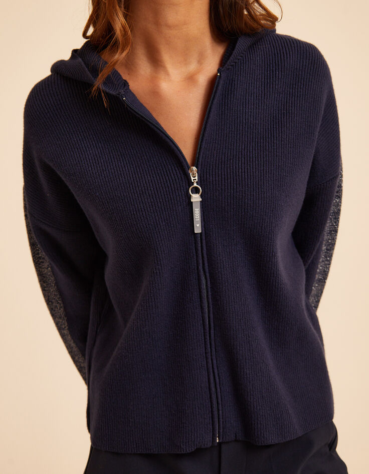 Marineblaue Kapuzenjacke Zip und Rippstrick I.Code-4