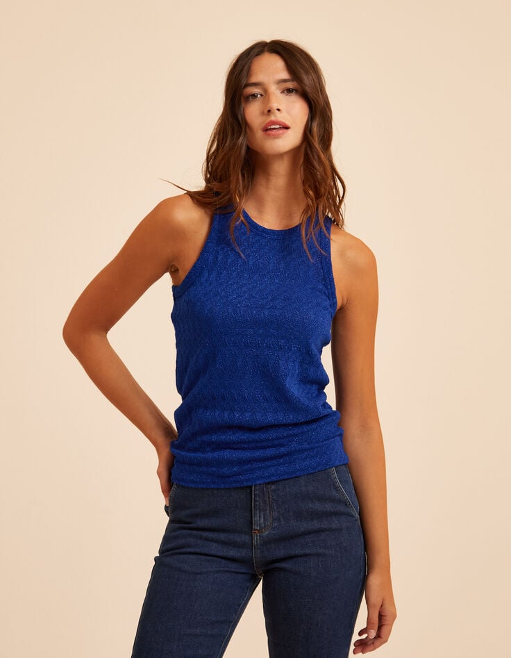 Débardeur bleu maille ajourée fantaisie lurex I.Code-2 Débardeur bleu maille ajourée fantaisie lurex I.Code-2