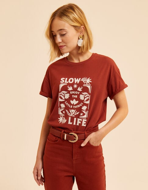 I.Code brown T-shirt with flocked velvet slogan